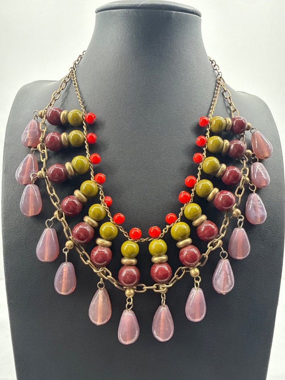 Vintage Boho Beaded Bib Necklace Mauve Teardrop Burgundy Olive Statement Grunge